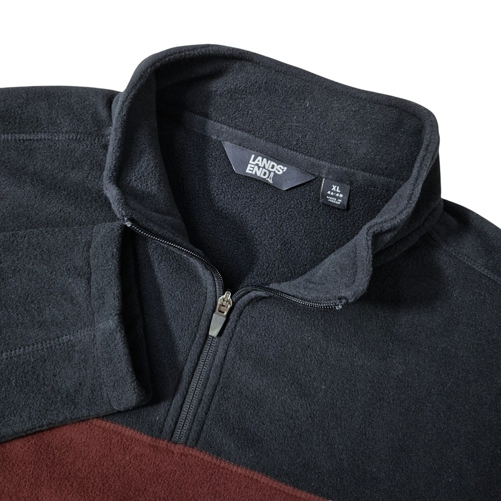 Lands' End Fleece Pullover Mens XL Navy Blue Burgundy Colorblock Quarter Zip